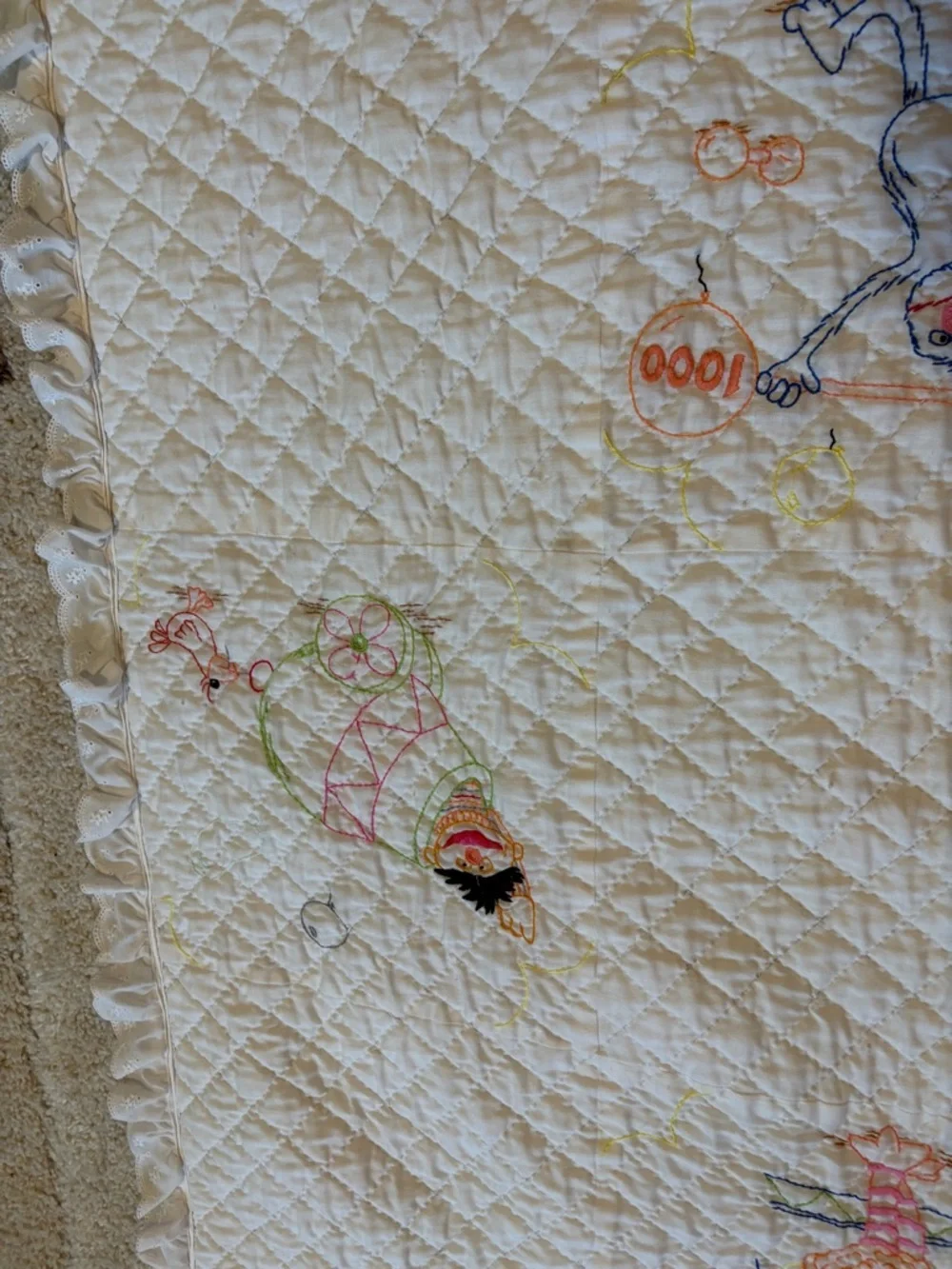 Vintage Sesame Street Embroidered Baby Blanket Cream Quilted Nursery Throw